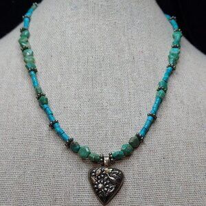 925 Heart Howlite Turquoise Necklace 925 Clasp 16"